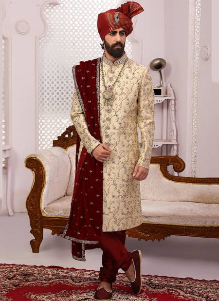 Cream Colour Wedding Wear Embroidery Work Sherwani Groom Collection 9005